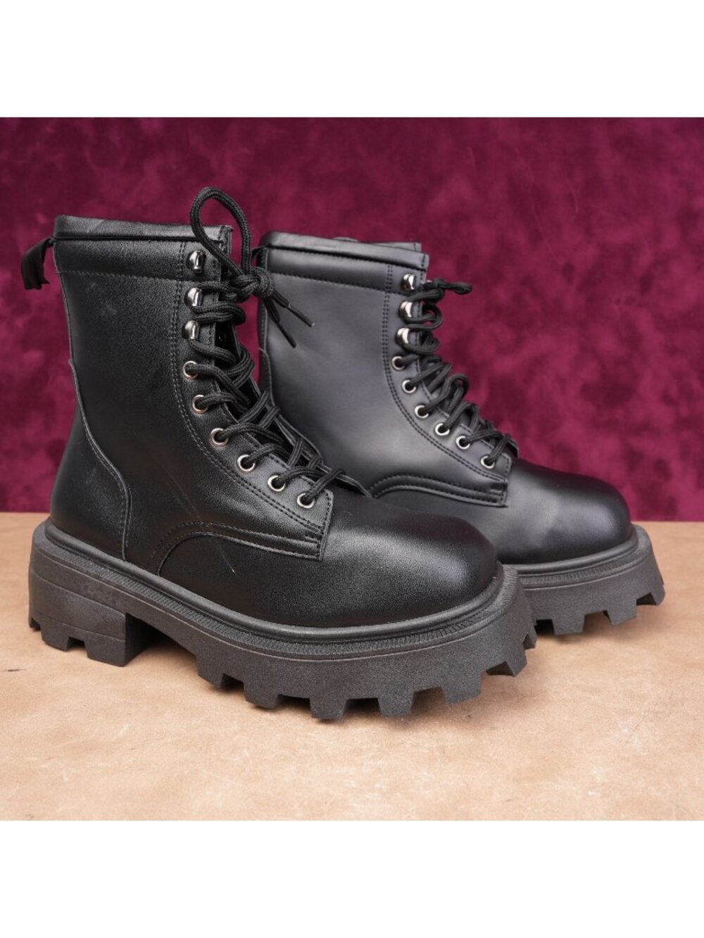 Topshop Women Black Faux Leather Festival Platform Party Combat Boots 6US EUR37